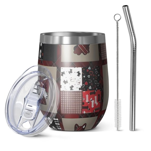 12oz Stemless Wine Tumblers Red Plaid Dog Jigsaw Puzzle Vacuum Insulated Stainless Steel Travel Tumbler Cups Mug with Lid and Straw for Champaign,Cocktail,Beer with Cleaning Brush