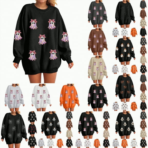 Towmus Women's Halloween Graphic Sweatshirts Sequin Ghost Pullover Crewneck Sweatshirt Tops