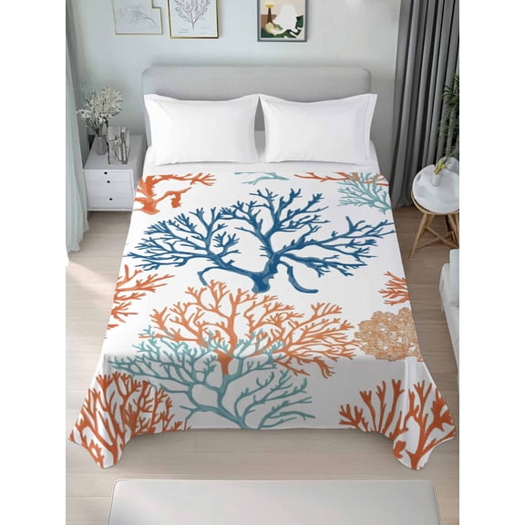 Ocean Coral Full Size Flat Sheet, Wrinkleproof & Fadeproof Cooling Flat Bed Sheet Only, Coastal Orange Blue Green Nature Abstract Breathable Soft Bedding Top Sheets 81 x 96 Inches