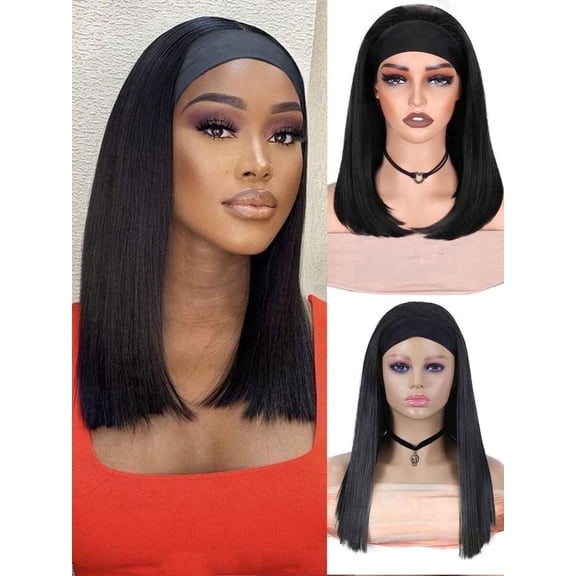 Queentas 16 Inch Black Straight Headband Wig – Heat Resistant Synthetic, Glueless with Ice Silk Band, Classic Everyday Wear for Women