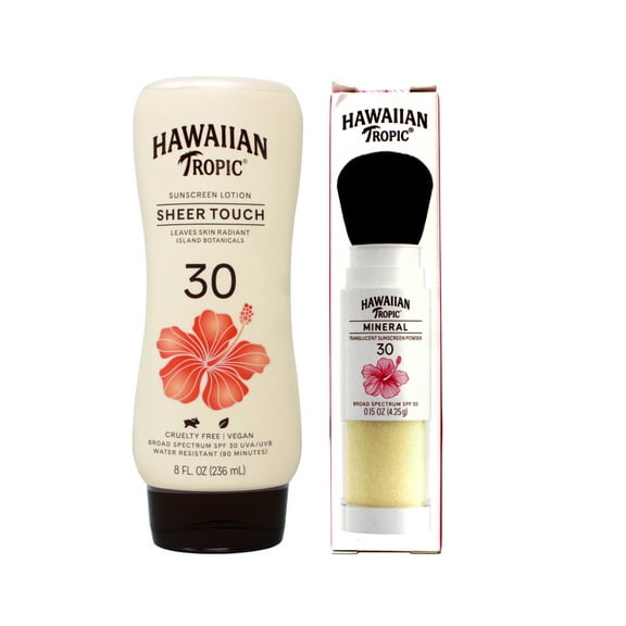 Hawaiian Tropic Mineral Powder Sunscreen Brush, SPF 30 | for Face, Brush On Translucent Sunscreen, & Sheer Touch Lotion SPF 30 | Broad Spectrum Sunscreen, 8oz