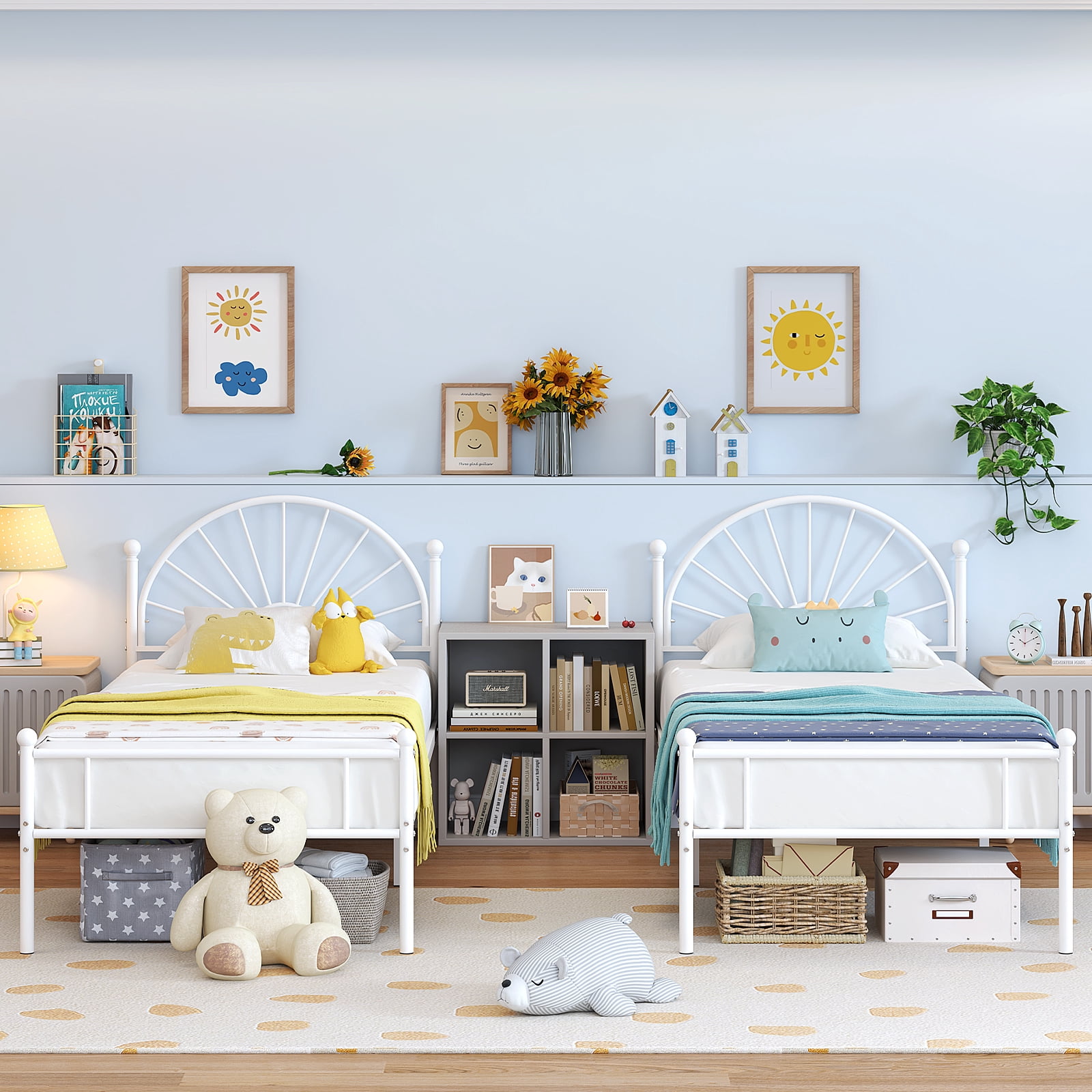 Yoneston Twin Metal Bed Frame with Unique Sun Curve Shape Headboard for Teens Kids Toddlers Bedroom Furniture, White