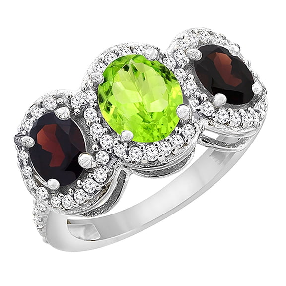 10K White Gold Natural Peridot & Garnet 3-Stone Ring Oval Diamond Accent, size 6
