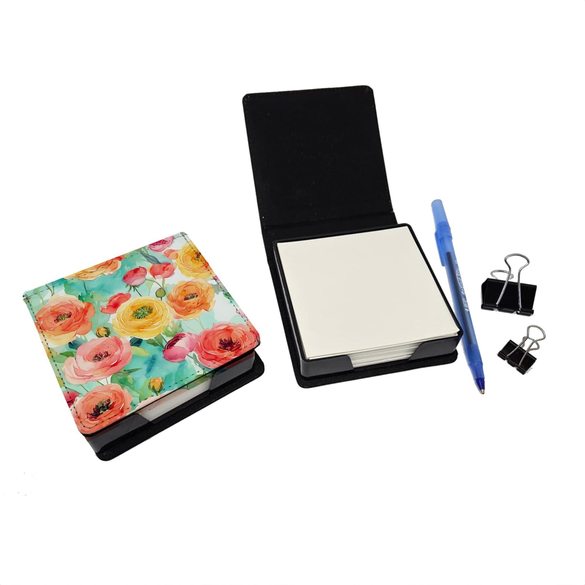 Caroline's Treasures Ranunculus in Watercolor PU Leather Note Paper Holder with Artist-Designed Cover, Desk Accessory, Office Gift