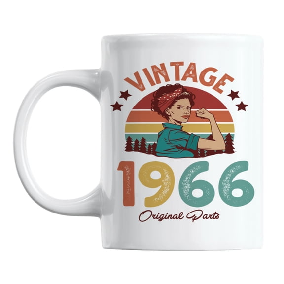 Vintage 1966 feat. a Strong Woman & Retro Sunset Ceramic Coffee & Tea Mug (11oz)