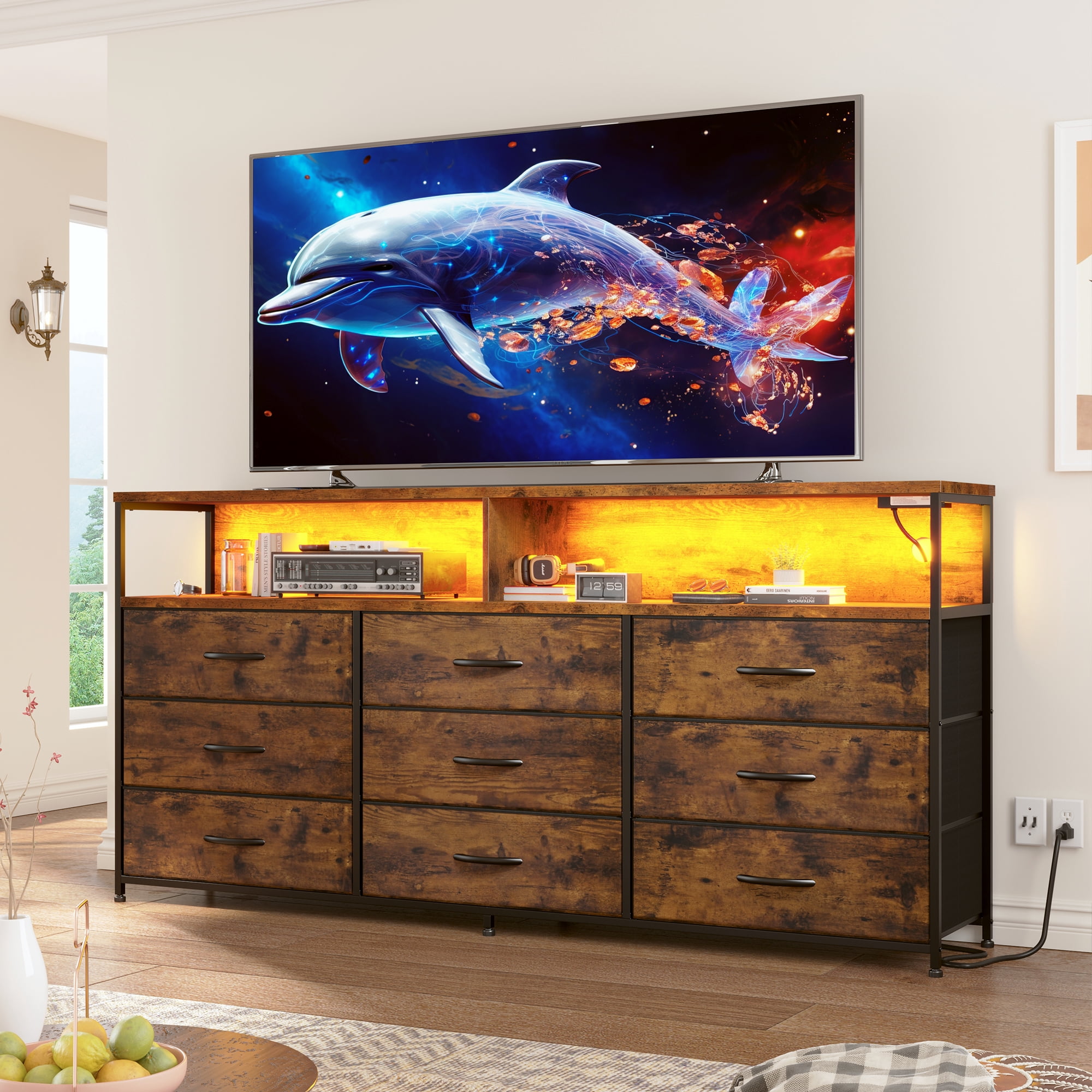 EnHomee 55” Long Dresser with Power Outlet & LED Lights TV Stand, 9 Fabric Drawers, Rustic Brown