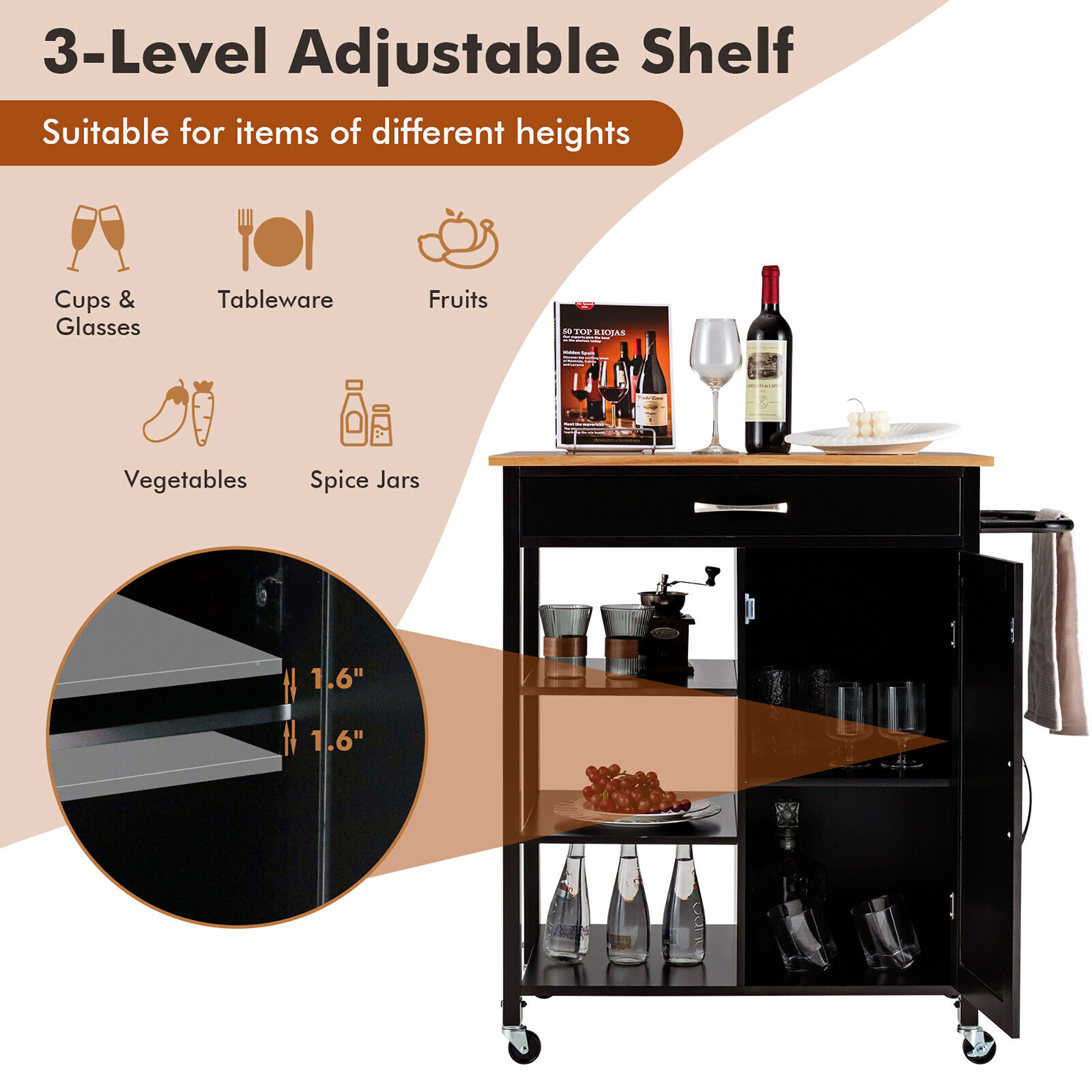 Gymax Mobile Kitchen Island Cart Serving Utility Trolley Drawer Shelf Towel Rack Brown