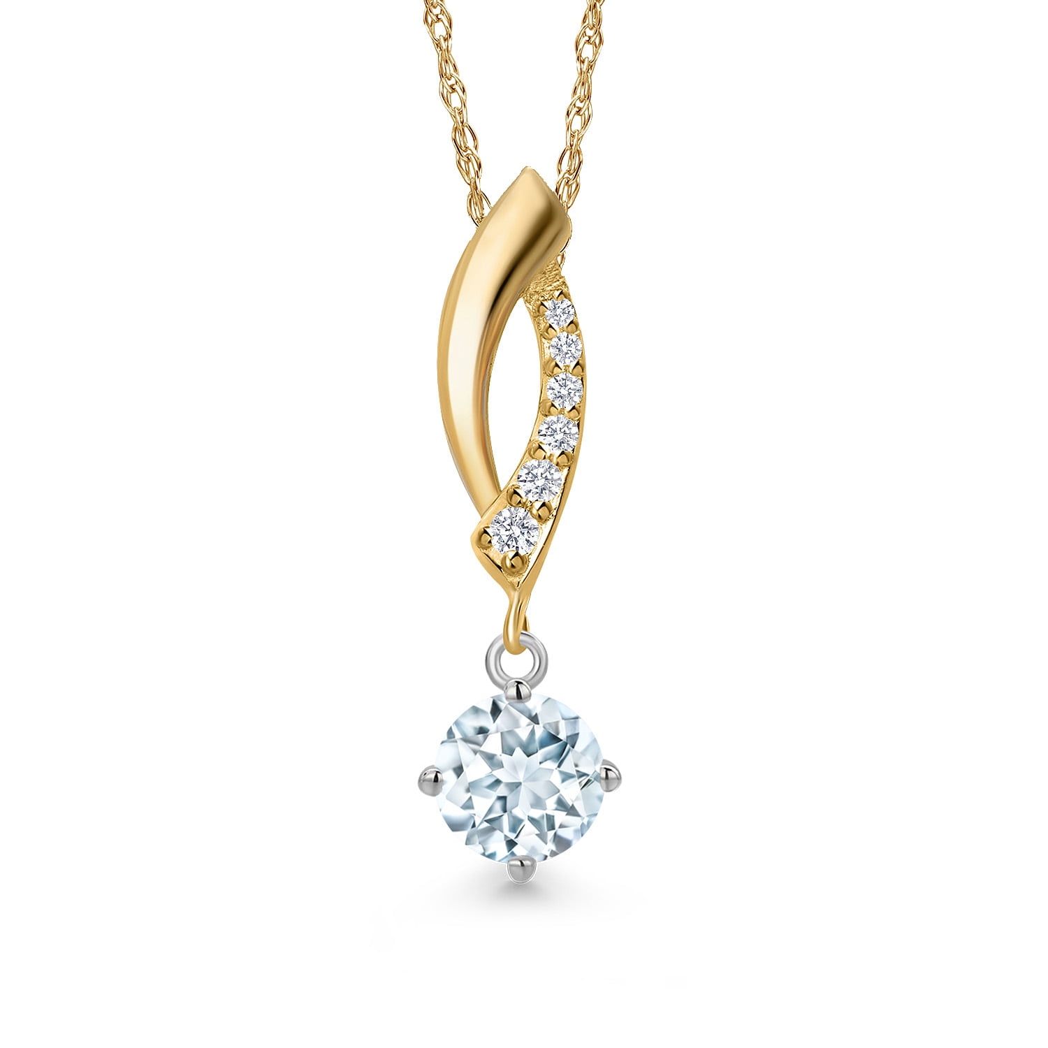 Gem Stone King 925 Silver and 10K Yellow Gold Sky Blue Aquamarine and Lab Grown Diamond Pendant Necklace for Women | 0.53 Cttw | Gemstone March Birthstone | Round 5MM | With 18 inch Chain