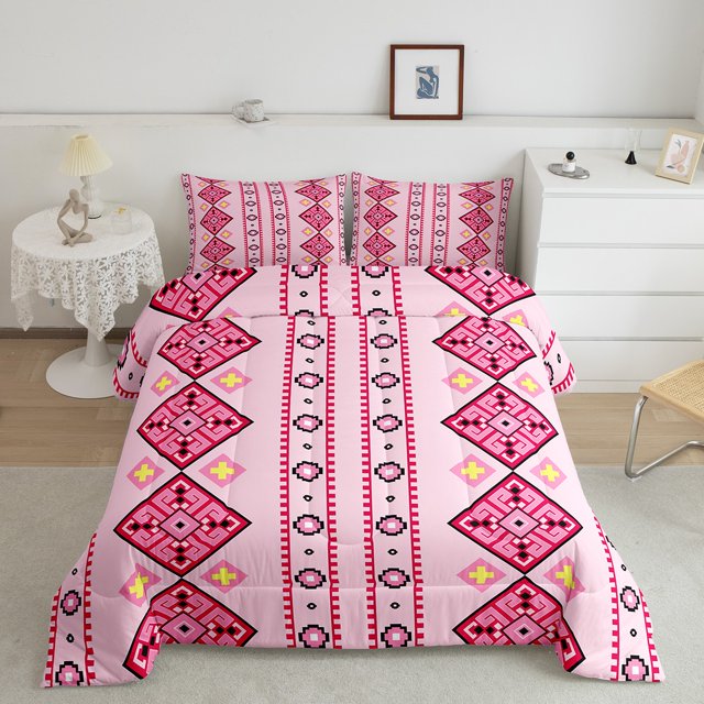 Erosebridal Pink Aztec Bedding Sets King with Comforter, Mandala Hippie Duvet Insert, Geometric Decor, Reversible 3-Piece