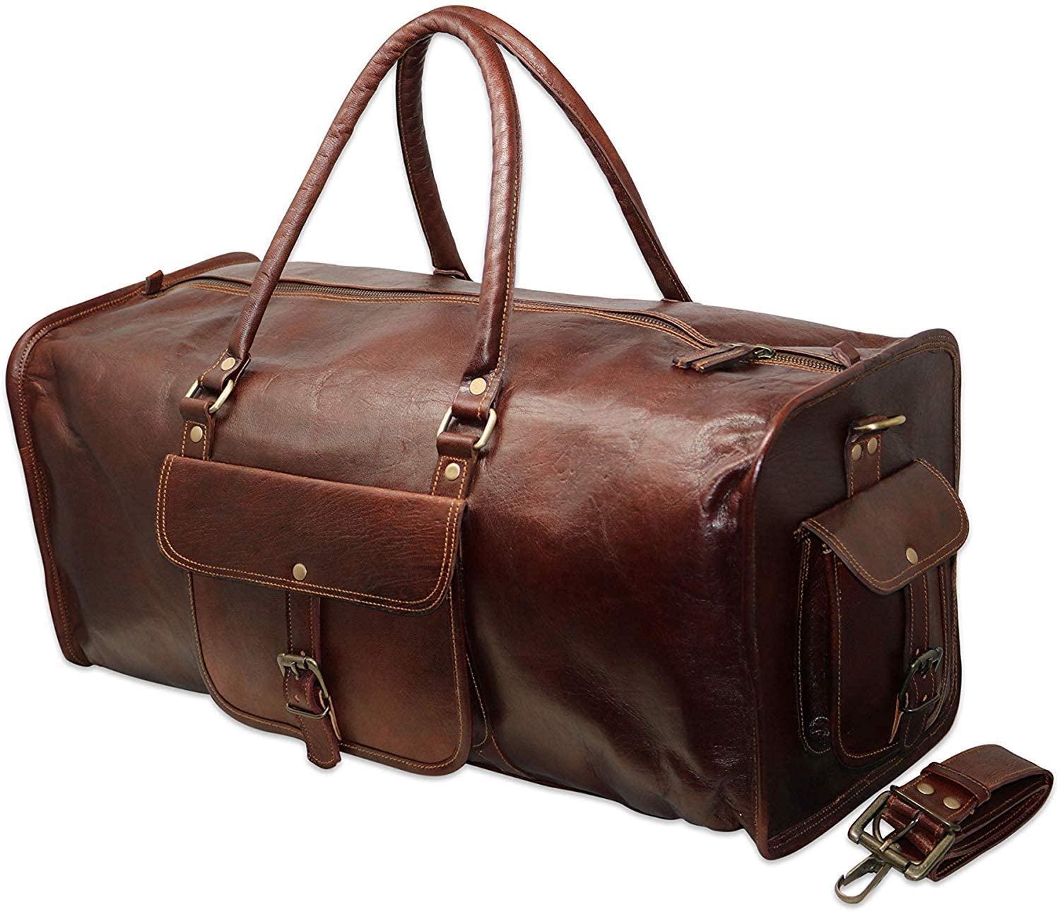 Jaald 20" Leather Duffle Bag Weekender Travel Luggage Carry On Holdall Sports Gym Overnight Bag Adventure Hiking Gear Gifts for Men Women
