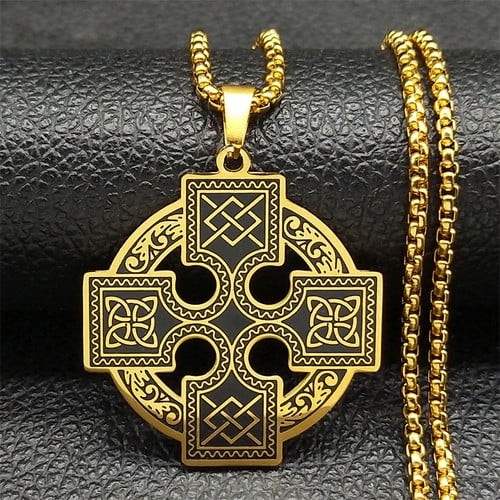 Witchcraft Celtic Knot Necklace14K Yellow Gold  Solar Cross Knot Viking Shield Druid Amulet Chain Necklaces Jewelry collares
