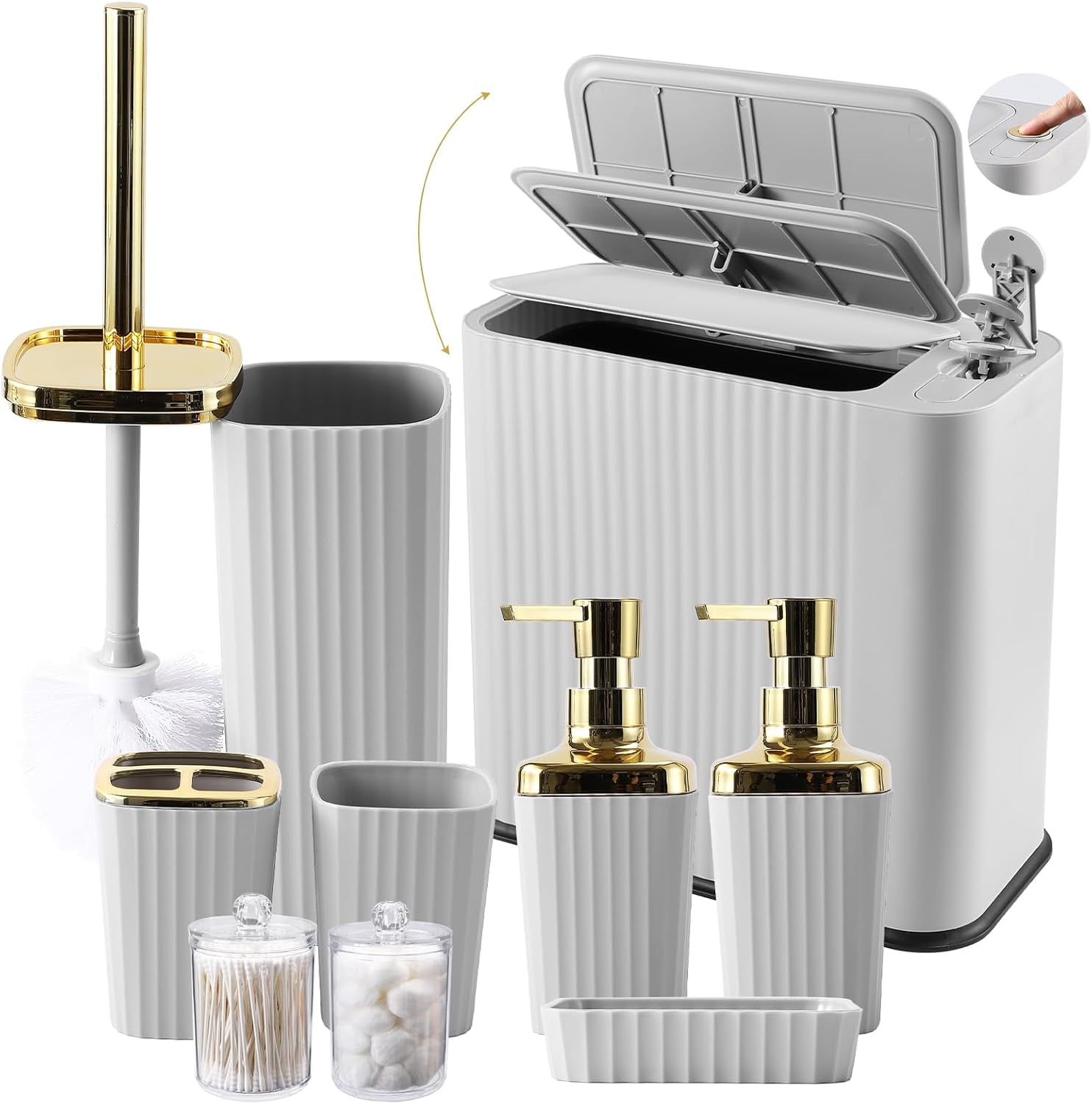 Black and Gold Bathroom Accessories Set - 9 Piece Complete Organization Kit with Slim Pop-up Trash Can, Toilet Brush, Lotion Dispensers, Jars & Soap Dish - Modern Matte Stripe Bathroom Decor