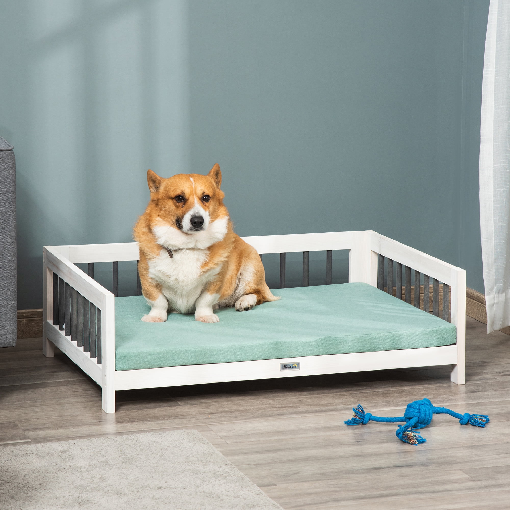 PawHut Elevated Dog Bed Wooden Raised Pet Sofa Portable Cat Lounge with Soft Cushion White Blue