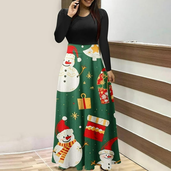 WXLWZYWL Women's Christmas Dresses Casual Vintage Print Round Neck Long Sleeve Dress Outs Fall Winter Dresses Loose Maxi Dresses