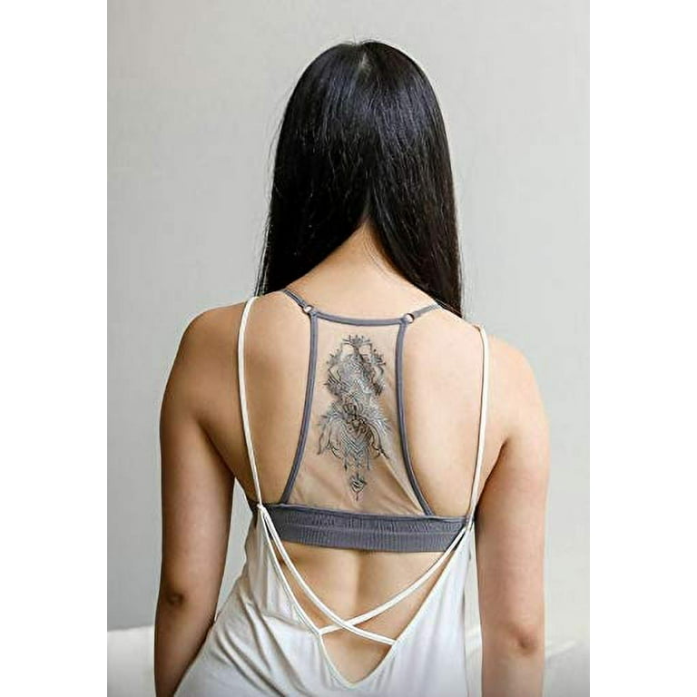 TD Collections Womens Tattoo Mesh Racerback Bralette (Grey, M) 