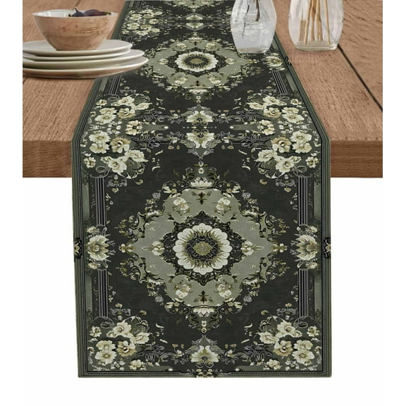 Ldtrchee Black Green Floral Table Runner 72 Inches, Traditional Ethnic Oriental Retro Boho Gray Bed Runner Dresser Scarves Tabletop for Indoor Outdoor Parties/Ceremony/Banquet, 18" x 72"