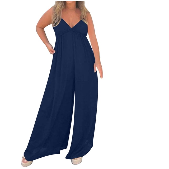 ABATAB Plus Size Jumpsuits for Women Casual Loose One Piece Rompers Sleeveless Deep V Neck Wide Leg Long Pant Fashion Rompers
