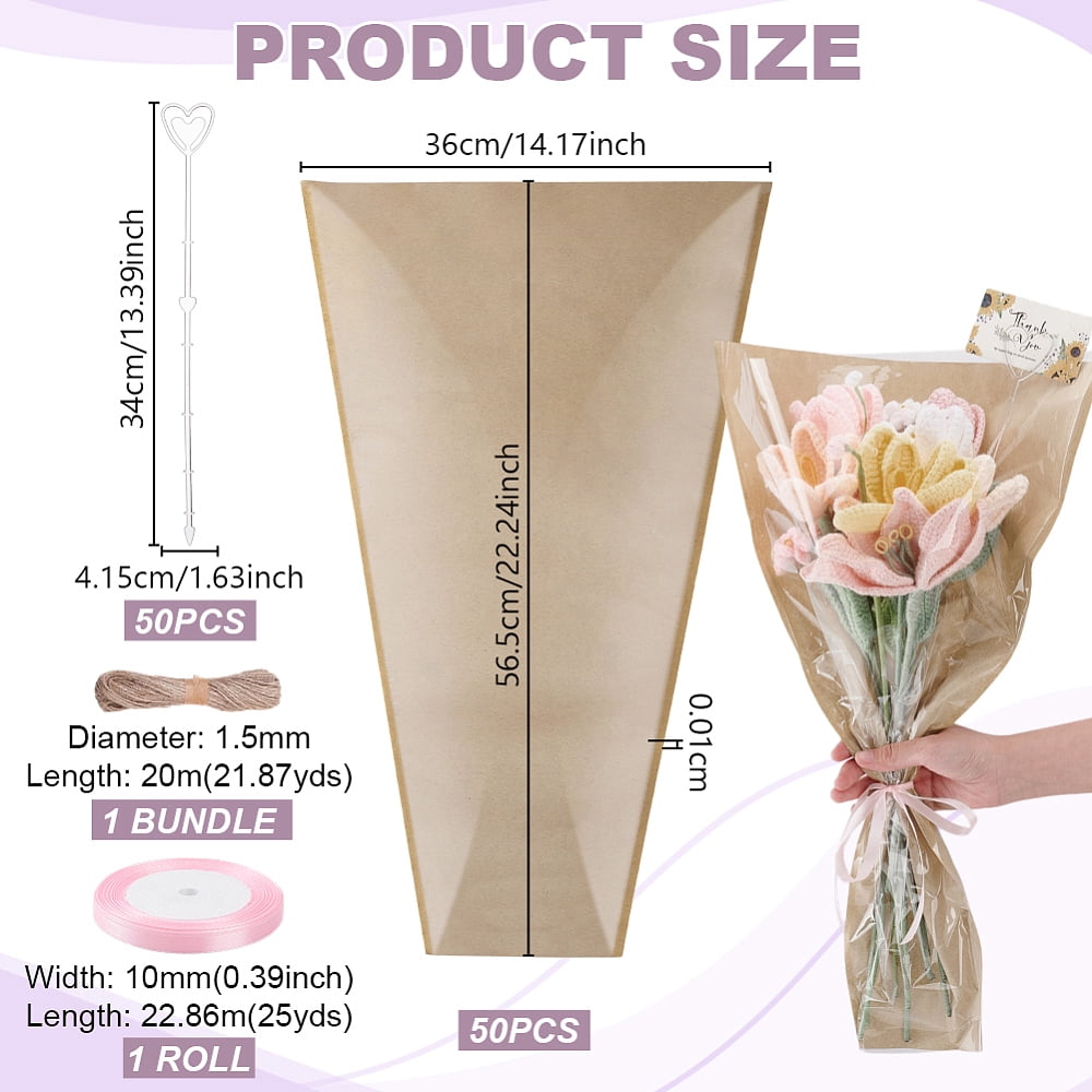 OPP Plastic Paper Single Flower Gift Bags Sets include Heart Shaped Resin Floral Pick Card Holder Jute Cord Polyester Ribbon Mixed Color