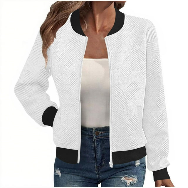 KIHOUT Veste Bomber Plissée pour Femmes Veste Universitaire à Fermeture Éclair Coupe-Vent d'Automne avec Poches
