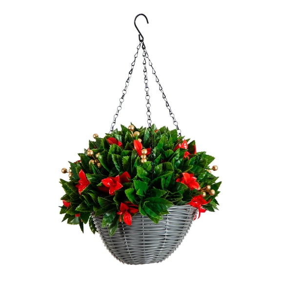 Nearly Natural Pre-Lit Red Tip Photinia Artificial Christmas Hanging Basket - 24" - Warm White LED