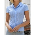 thumbnail image 6 of LMLYSoH Women's Button Down Collared Shirts Cap Sleeve V Neck Striped Print Slim Fit Tops Summer Shirts, 6 of 9