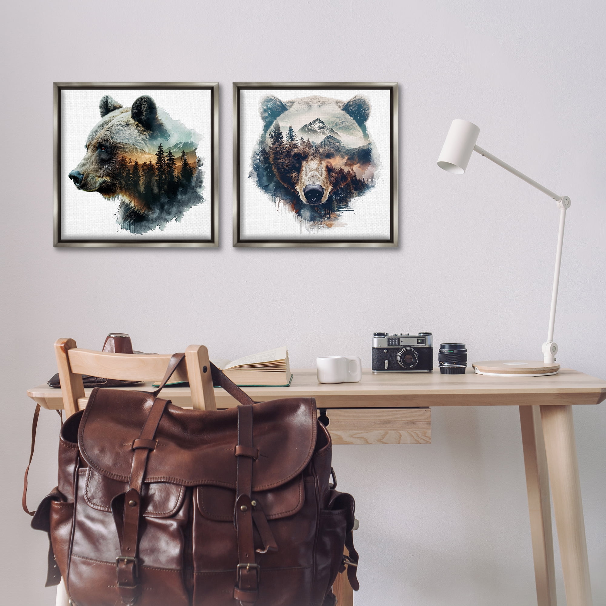 Stupell Industries Woodland Bear Forest Silhouettes Animals Painting Gray Floater Framed Canvas Art Print Wall Art, 18 x 18, Set of 2