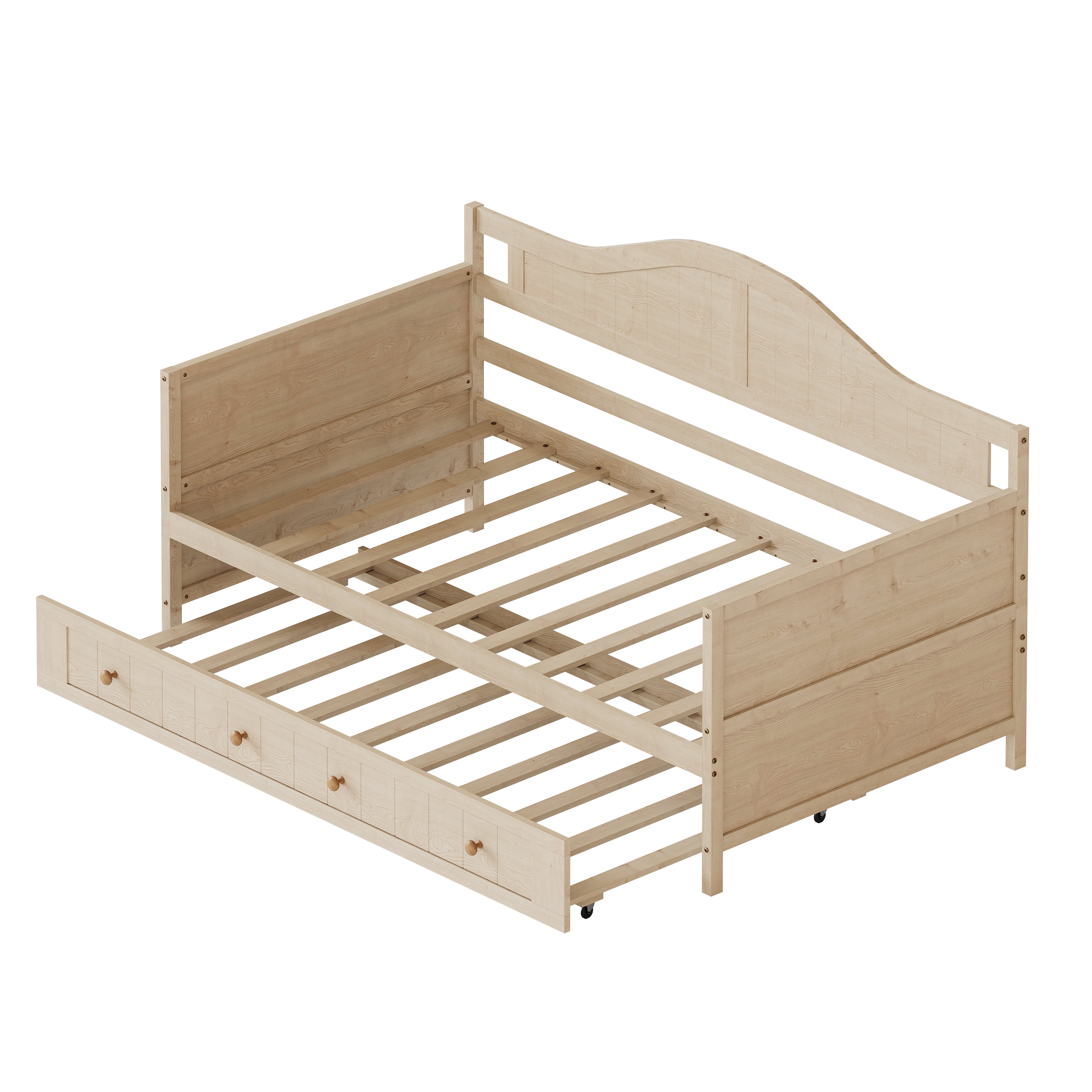 Twin Solid Wood Daybed with Drawer Rolling Trundle, Multi-Purpose Single Sofa Bed for Bedroom Living Room,Natural