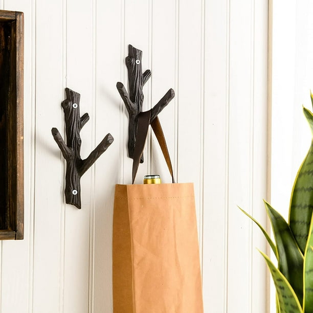 NETSENG Set of 2 Tree Branch Decorative Hooks, 3-Hook Wall Hooks, Rack Made  with Heavy Duty Cast Iron, Unique Nature Home Decor 