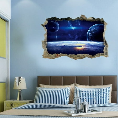 3D Star Universe Broken Wall Planet Detachable Window Door Stickers Kids Baby Room Bedroom Home Decoration Sticker Removable PVC Poster Decals