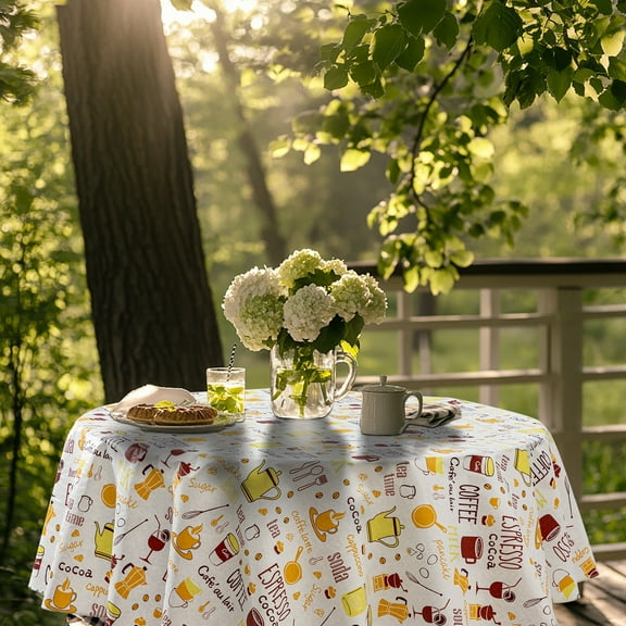 Ray Star 60in Ivory Tablecloth Indoor 100% Waterproof Table cloth Outdoor Vinyl Tabletop Collection Cup Pattern, Flannel Backed Tablecloth