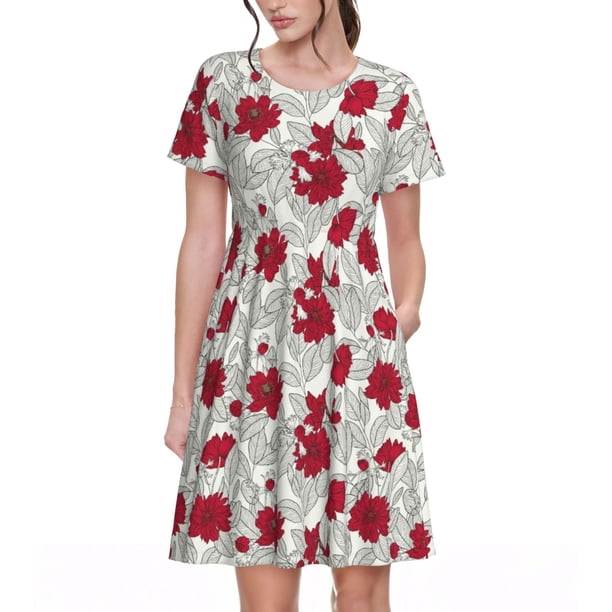 Disketp Leaves And Anemone Flowers In Red Grey para Vestido de Manga Corta para Mujeres, Vestidos de Verano para Mujeres, Casual y Holgado para la Playa