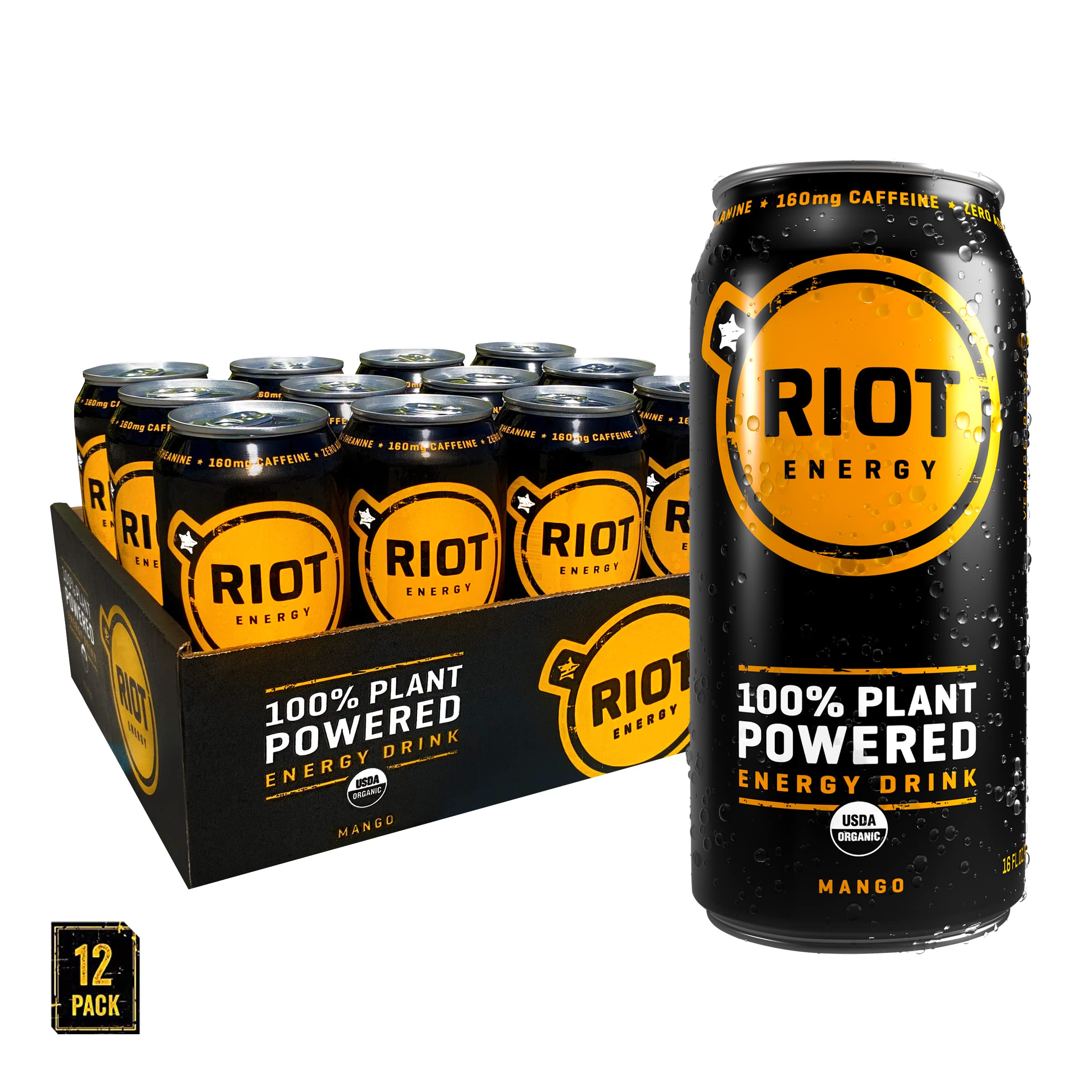 RIOT energy 100 Plant Powered Energy Drink (MANGO RIOT) Ketofriendly, Organic, No Added Sugar