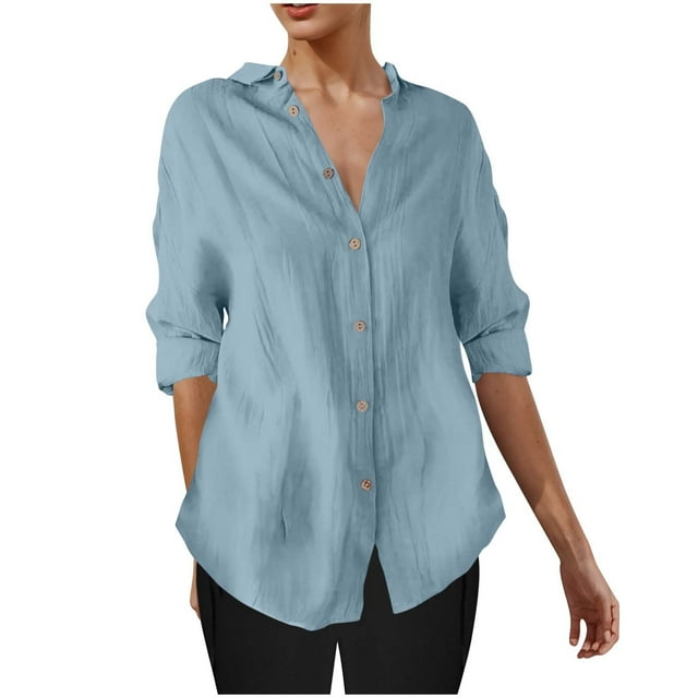 Timegard 3/4 Length Sleeve Tops for Women Button down Shirts Lightweight Solid Color Casual Work Blouse
