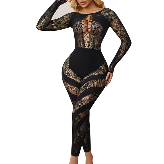 Women's Sheer Mesh Striped Jumpsuit Long Sleeve Criss-Cross Cutout Bodycon Clubwear