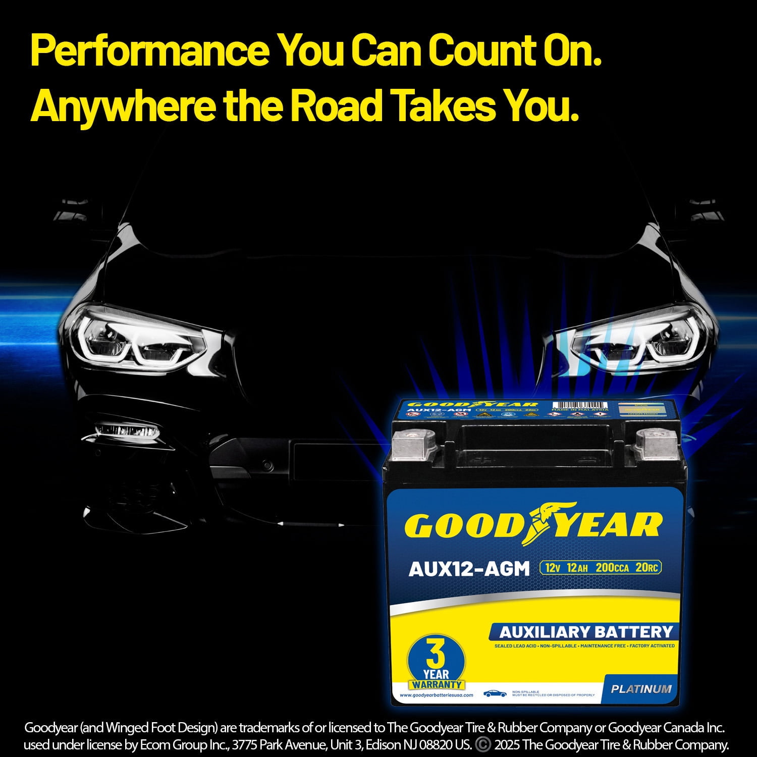 Goodyear AUX12-AGM BCI Group Size 401 12V 12 AH, 20RC, 200 CCA Platinum series Rechargeable AGM Maintenance Free Auxiliary Battery