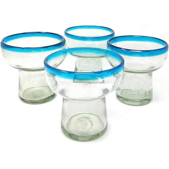 Dos Suenos Mexican Hand Blown Glass  Set of 4 Hand Blown Stemless Aqua Rim Margarita Glasses 14oz