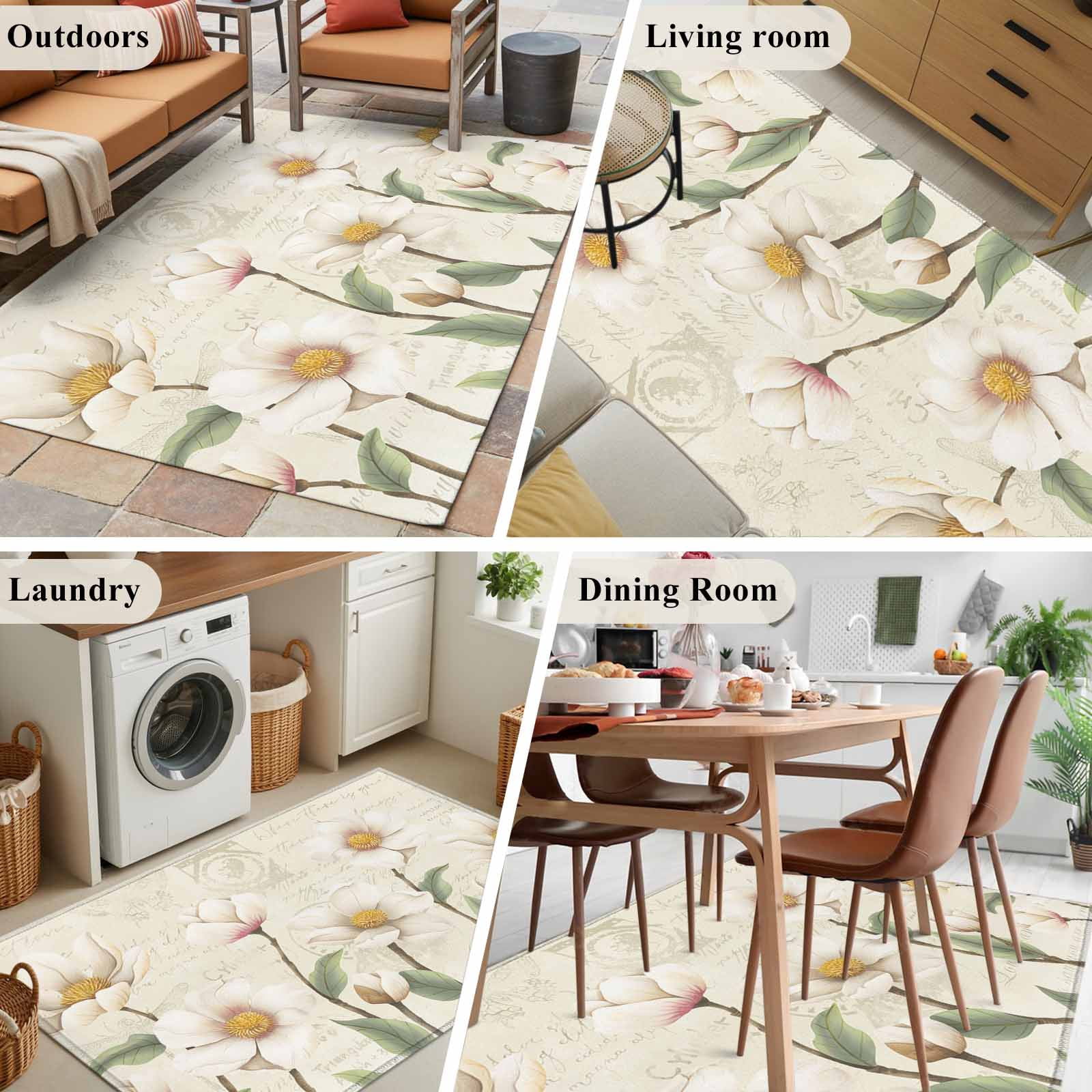 White Floral Area Rugs 4'x6', Washable Small Throw Rugs for Office Bathroom, Spring Country Vintage Flower Leaf Plant Indoor Outdoor Rug Non-Slip Low Pile Carpet Runner Reversible Floor Mats