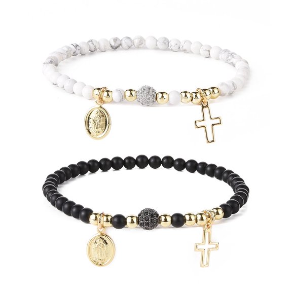 3sets Howlite & Dyed & Heated Black Agate Beaded Bracelets sets Brass Religion Virgin Mary & Cross Charm Bracelet for Women Men Golden Inner Diameter: 2-1/4 inch(5.7cm) 2pcs/set