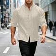 thumbnail image 4 of Men Mandarin Collar Frog Button Linen Button Up Shirt, 3/4 Sleeve Loose Casual Top with Pockets for Summer Vacation Daily Wear Beige M, 4 of 9