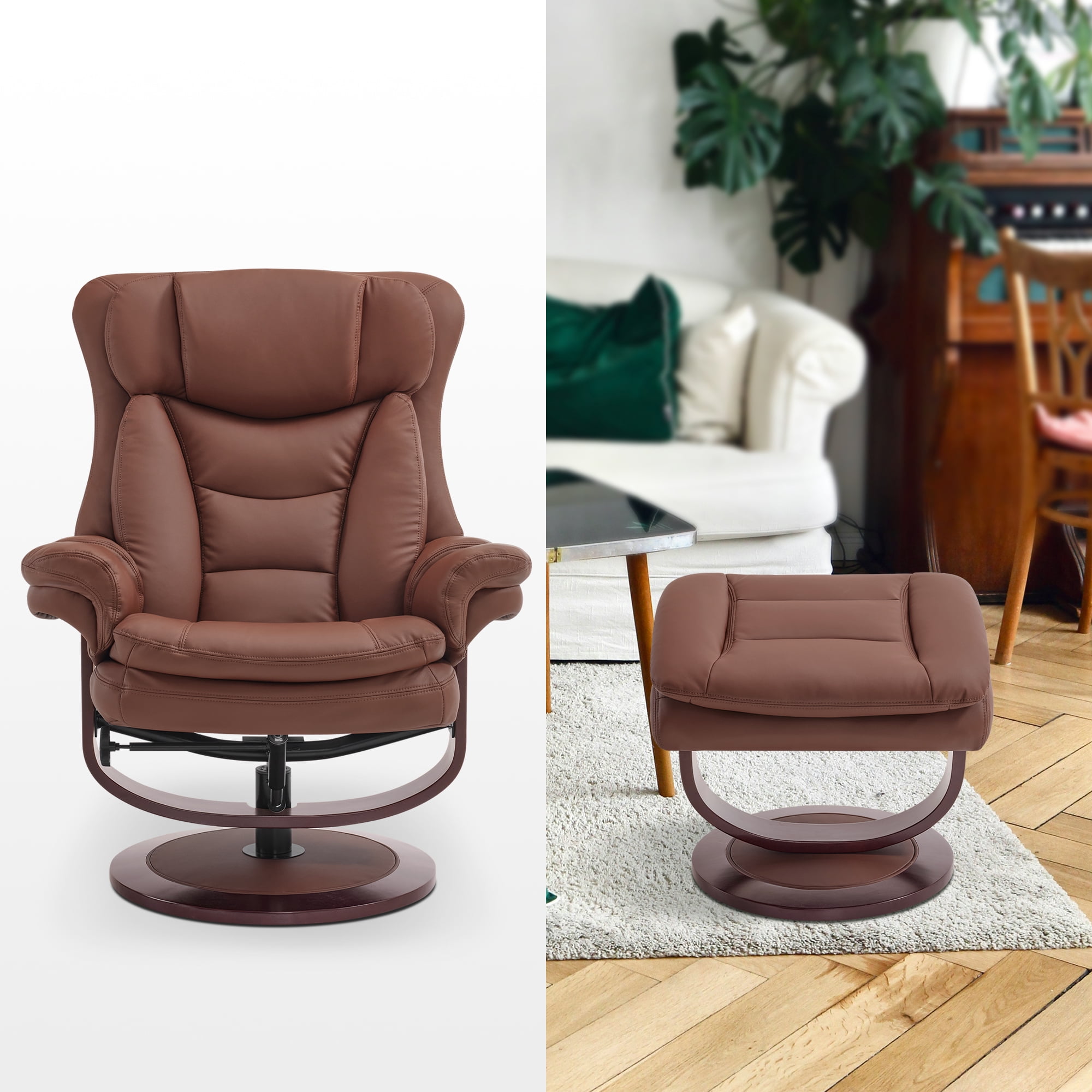 MCombo Swivel Recliner with Ottoman, Reclining Chair with Adjustable Back, Faux Leather Upholstered Lounge Chair for Living Room Bedroom Office 4651（Brown）
