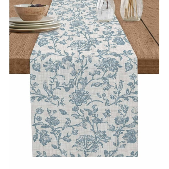 Farmhouse Flower Burlap Cotton Table Runner 13x48 Inches Long, Botanical Vintage Light Blue Leaf Farmhouse Table Runners, Outdoor Dining Tablecloths Decor for Baby Shower/Party/Wedding