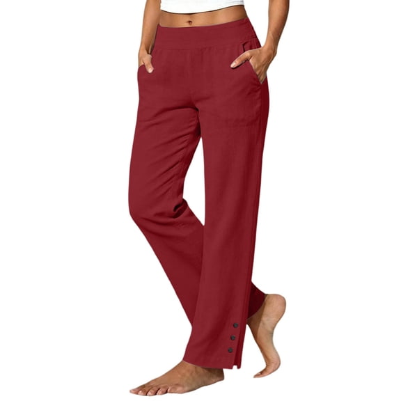 CUSTG Women Casual Pants Summer Straight Leg Elastic High Waist Pants With Pockets Loose Beach Trousers For Daily Wear Leisure Style Linen Pants Women