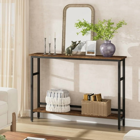 Towallmark 5.9 Inch Slim Console Table, Narrow Sofa Table, 2 Tier Entryway Table, Adjustable Shelf Behind Couch, Space Saving Hallway Table For Living Room Foyer, Retro Brown