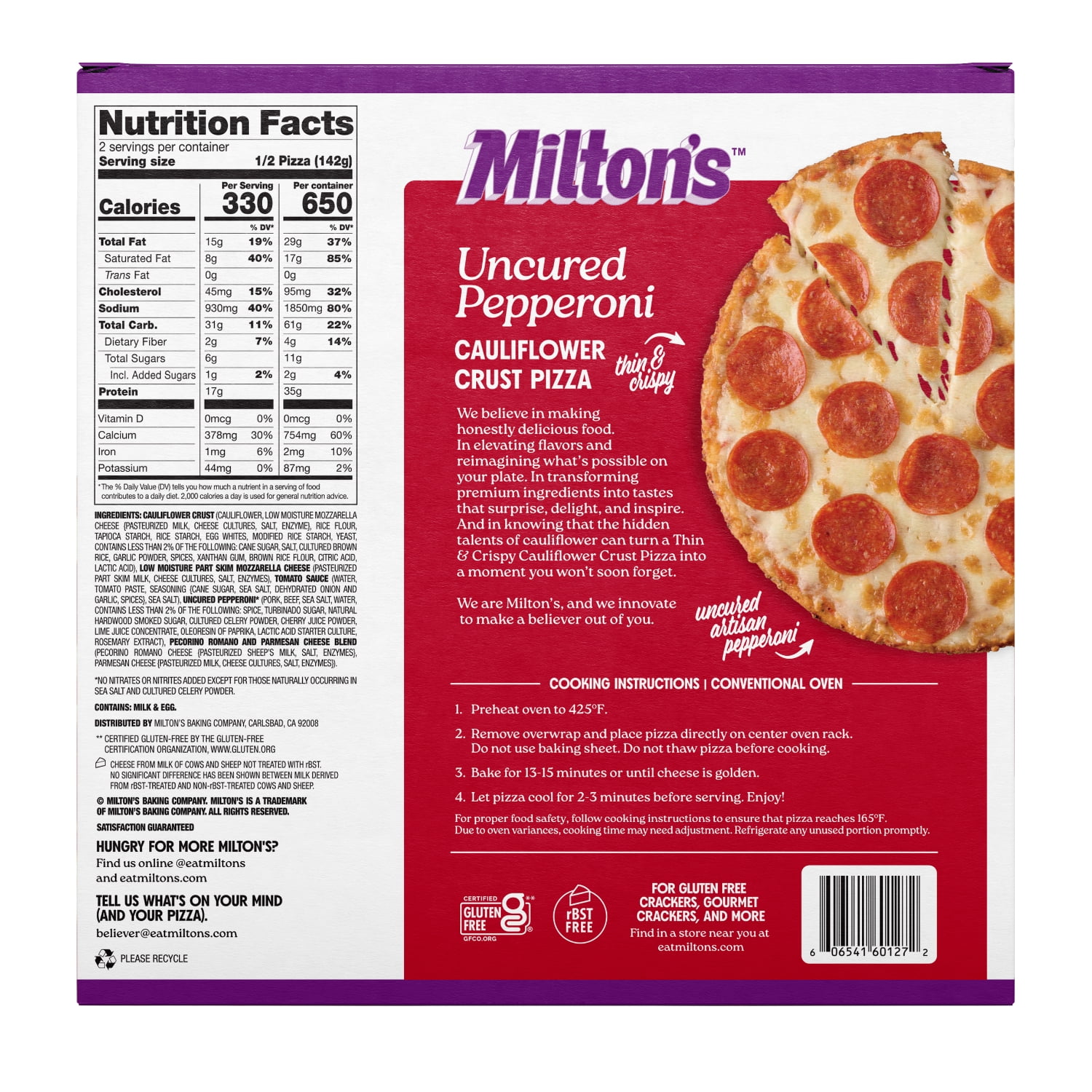 Milton’s Cauliflower Crust Pizza - Uncured Pepperoni, 10oz (Frozen) with Tomato Sauce