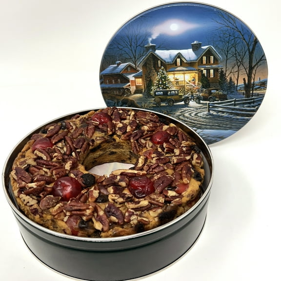 Jane Parker Bourbon & Rum Fruit Cake 32 Ounce Ring (2 lbs) Fruitcake in Decorative Holiday Tin