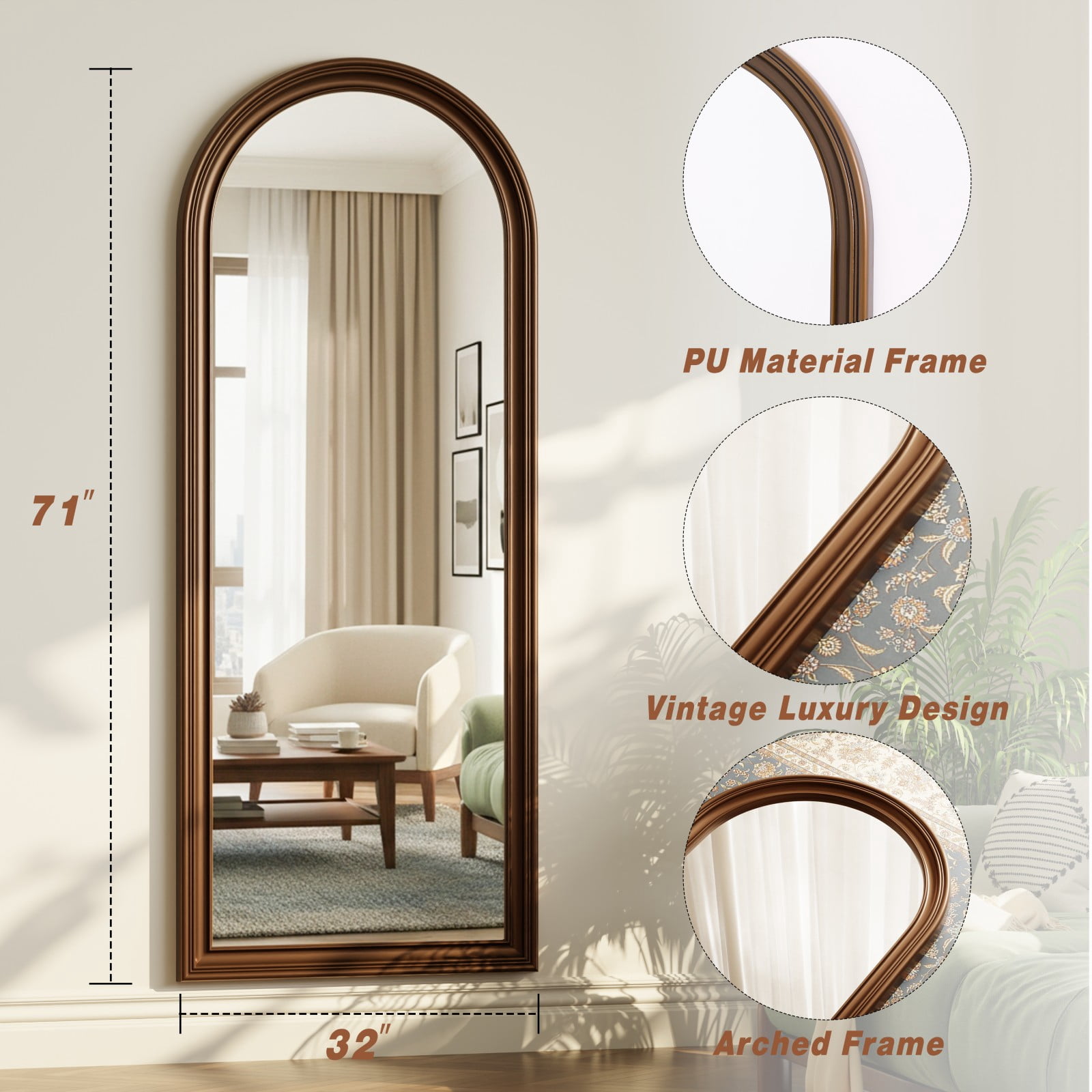 SHATTERVIEW 71"x32" Arched Full Length Mirror Floor Mirror Vintage Mirror, Antique Bronze
