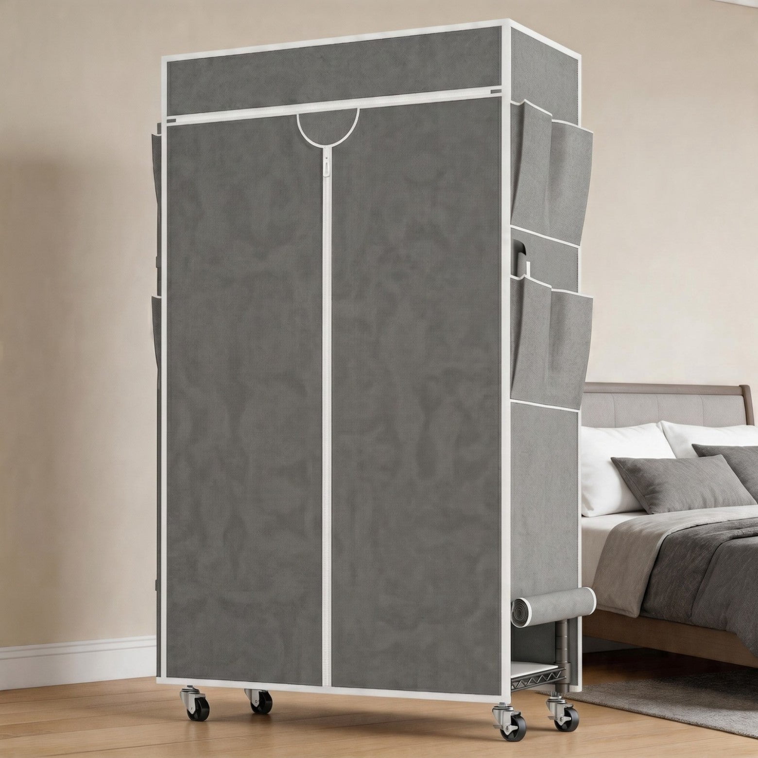 Sailvan Heavy Duty Clothing Rack with Cover, Portable Closet Wardrobe with Double Hanging Rods and Wheels, 3-Tier Storage Shelves,Gray