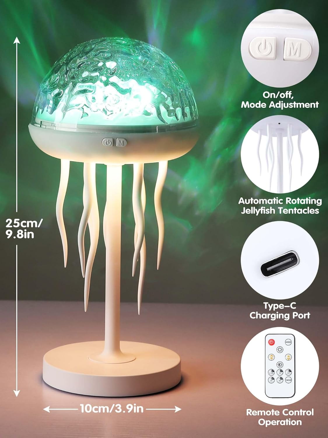 Jellyfish Shaped Table Lamp, Adjustable Projection Lamp with Remote Control Battery Operated Night Light Ocean Room Décor Ambient Lighting for Bedroom, Living Room, Office, Read Room