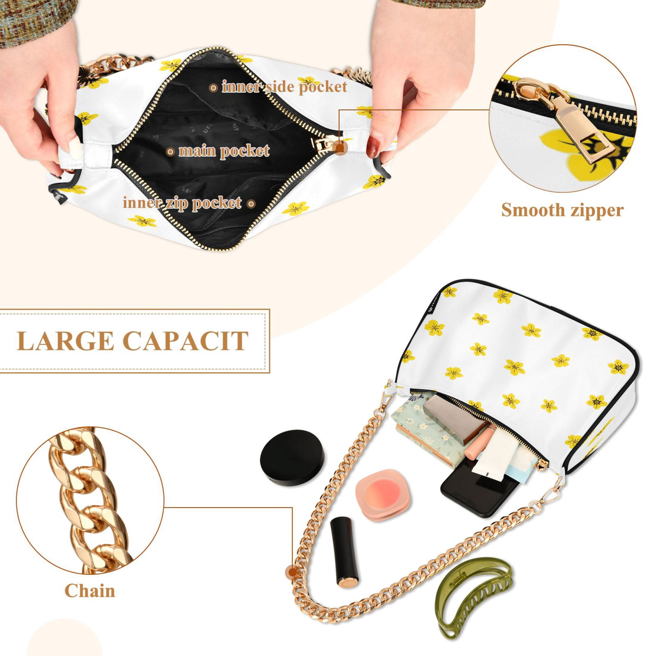 Ryvnso Floral Yellow Womens Chain Shoulder Bag Tote Handbags Clutch Hobo Purse with Zipper for Travel