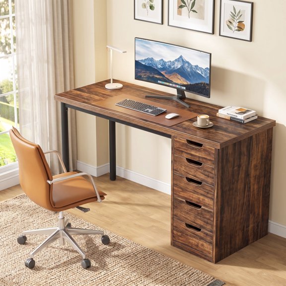 Fnova 47.24" Computer Desk with 5 Drawers, Reversible File Cabinet, Writing Workstation for Home Office Bedroom Study Makeup Vanity Desk Furniture